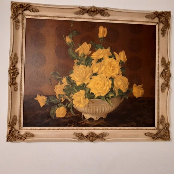 1959 YELLOW ROSE BOUQUET FRAMED PAINTED ART, GORGEOUS - Picture 10 of 16